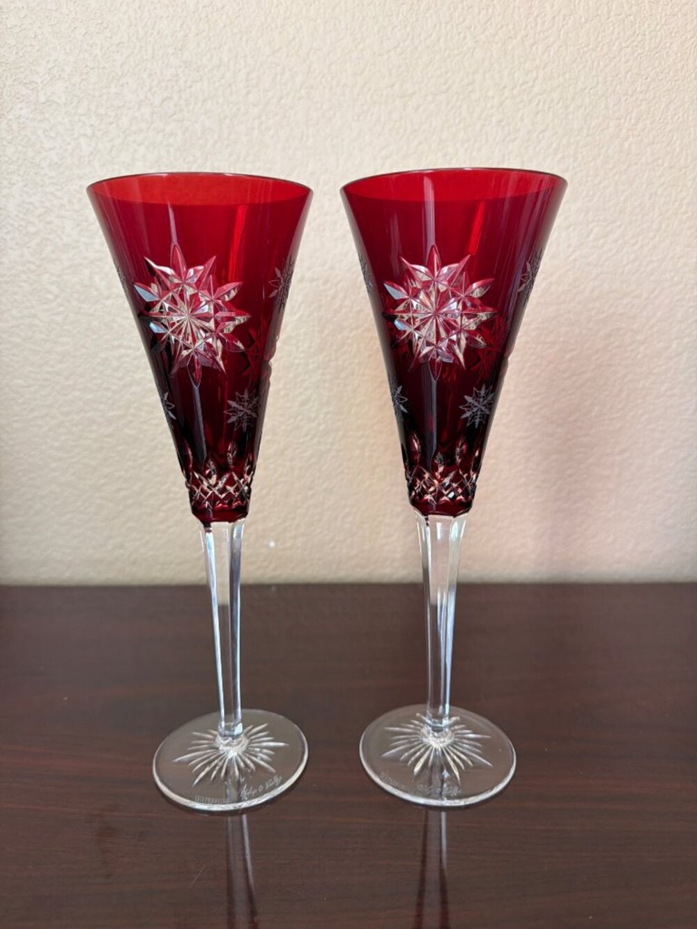 Waterford Snowflake Wishes Joy 2011 Ruby Champagne Flutes Pair Signed O'Keeffe